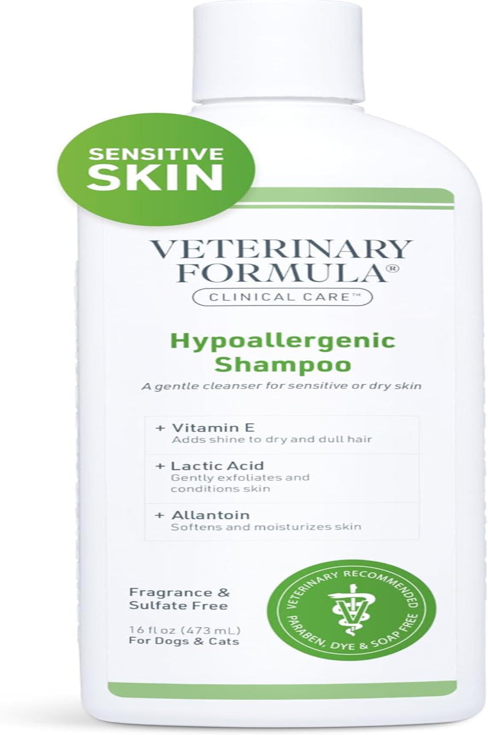 Veterinary Formula Clinical Care Hypoallergenic Shampoo for Dogs and Cats, 16 Oz – No Harsh Ingredients – Fragrance-Free Pet Shampoo for Allergies and Sensitive Skin, Promotes Healthy Skin and Coat