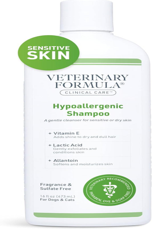 Veterinary Formula Clinical Care Hypoallergenic Shampoo for Dogs and Cats, 16 Oz – No Harsh Ingredients – Fragrance-Free Pet Shampoo for Allergies and Sensitive Skin, Promotes Healthy Skin and Coat