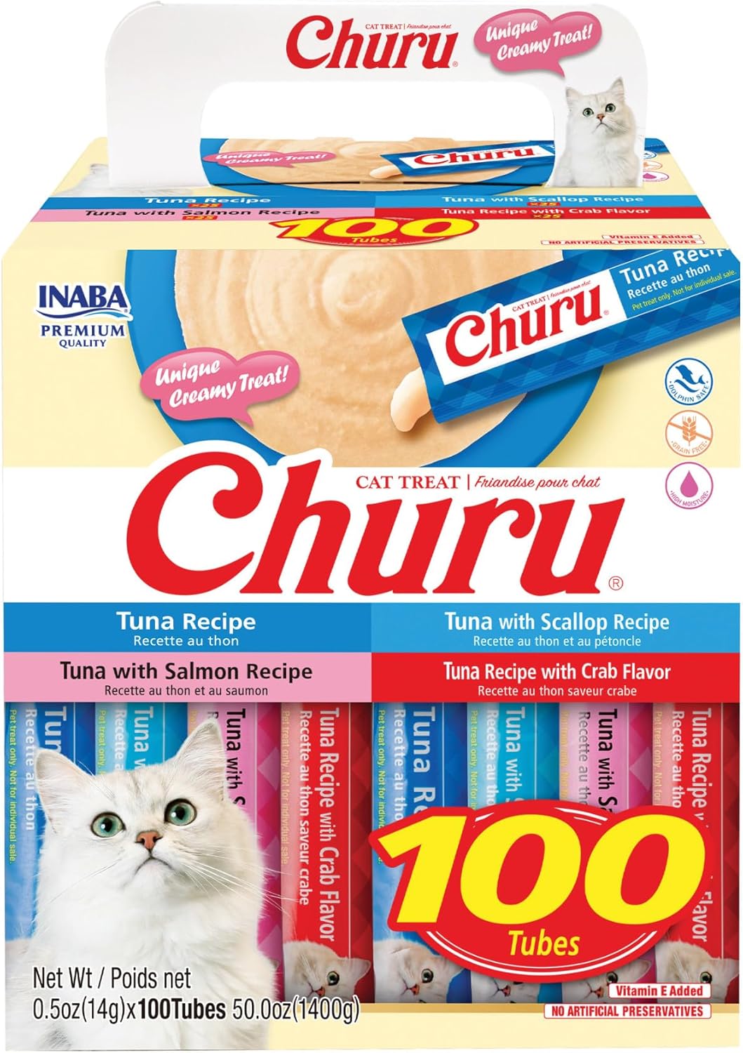 INABA Churu Cat Treats, Lickable, Squeezable Creamy Purée with Vitamin E, 0.5 Ounces per Tube, 120 Tubes Total, Chicken Variety
