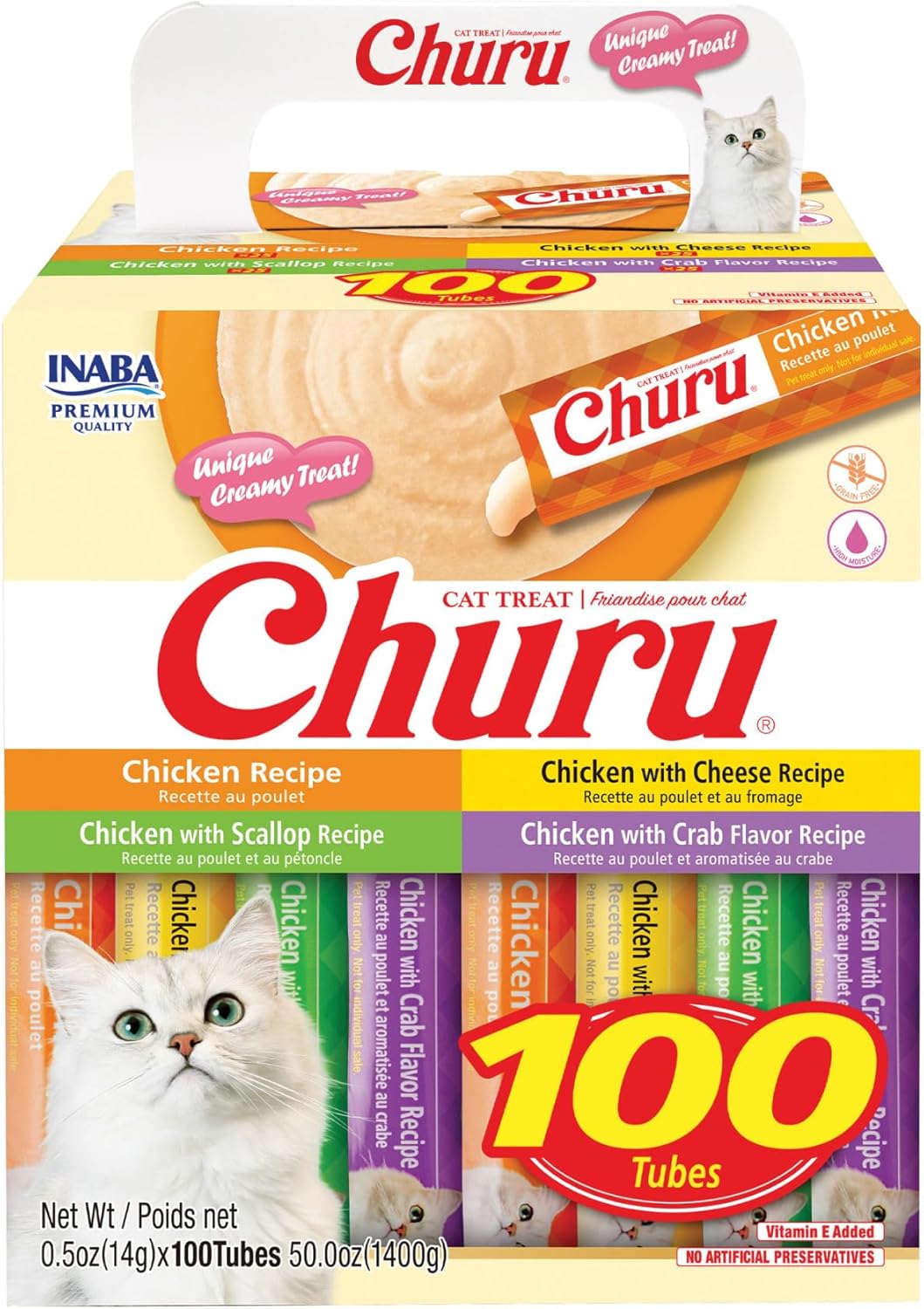 INABA Churu Cat Treats, Lickable, Squeezable Creamy Purée with Vitamin E, 0.5 Ounces per Tube, 120 Tubes Total, Chicken Variety