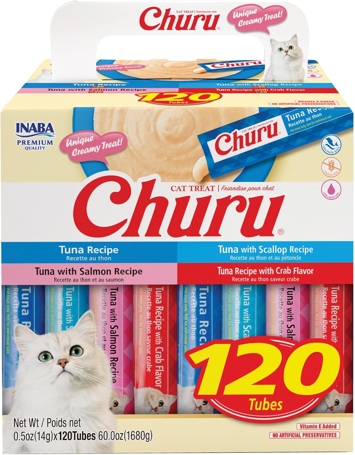 INABA Churu Cat Treats, Lickable, Squeezable Creamy Purée with Vitamin E, 0.5 Ounces per Tube, 120 Tubes Total, Chicken Variety