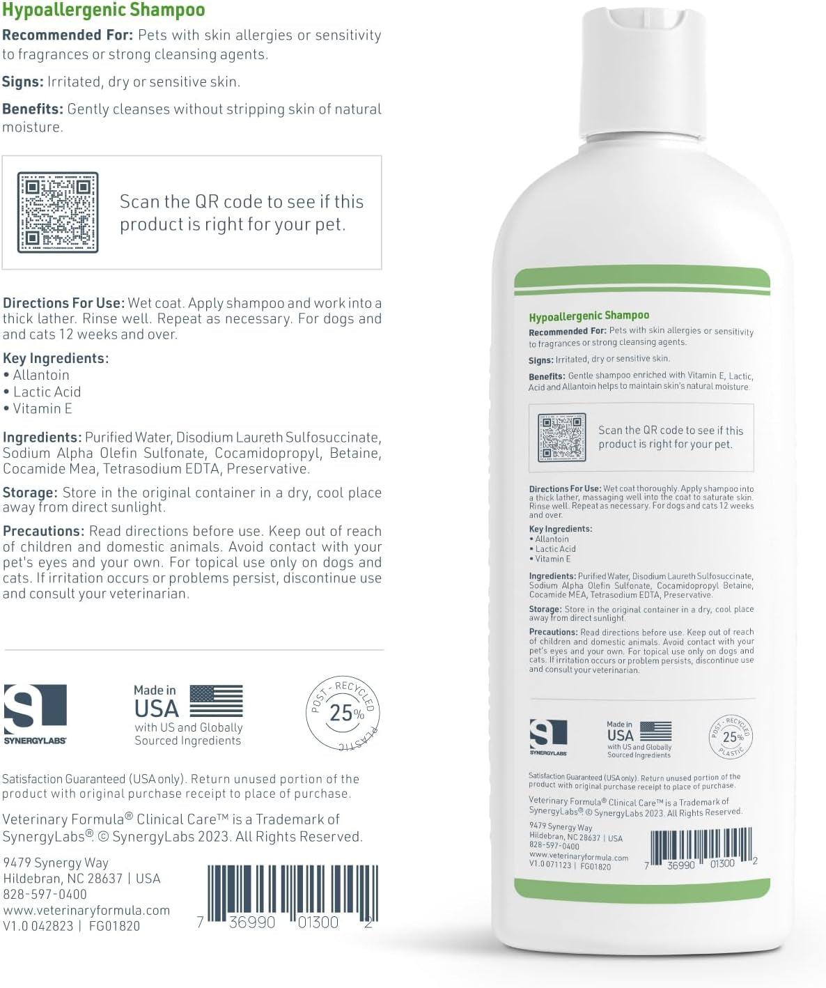 Veterinary Formula Clinical Care Hypoallergenic Shampoo for Dogs and Cats, 16 Oz – No Harsh Ingredients – Fragrance-Free Pet Shampoo for Allergies and Sensitive Skin, Promotes Healthy Skin and Coat