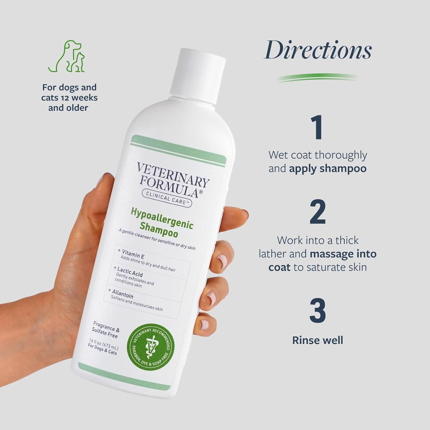 Veterinary Formula Clinical Care Hypoallergenic Shampoo for Dogs and Cats, 16 Oz – No Harsh Ingredients – Fragrance-Free Pet Shampoo for Allergies and Sensitive Skin, Promotes Healthy Skin and Coat